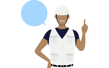 大工の男性のポーズ、指さししながら話す