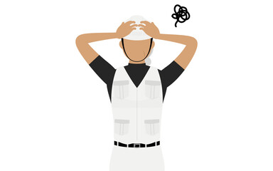 大工のシニア女性のポーズ、頭を抱えて悩む