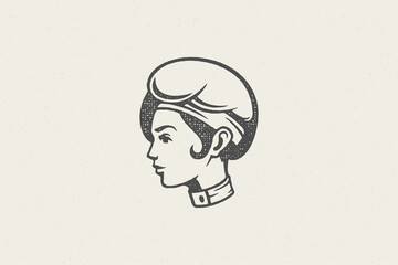 Woman head in traditional chef cap silhouette work in kitchen hand drawn stamp effect vector illustration.
