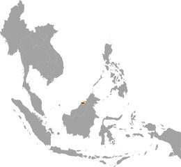 Map of Brunei with national flag inside the gray map of Southeast region of Asia