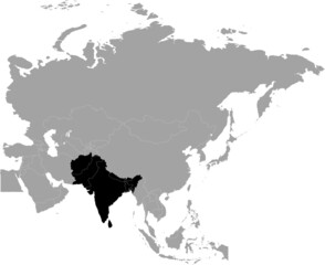 Black Map of South region of Asia inside the gray map of Asia