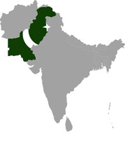 Map of Pakistan with national flag inside the gray map of South region of Asia