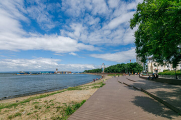 Summer, 2018 - Vladivostok, Russia - Sportivnaya embankment in Vladivostok next to the sea. People...