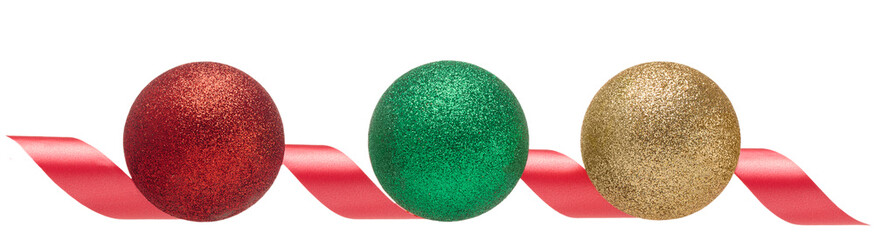 Christmas balls with gift ribbon on white background isolate