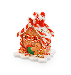 Gingerbread house decorated with sweets isolated on white background
