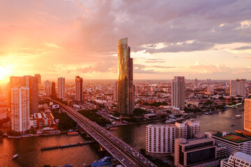 Naklejka na ściany i meble City scape in Bangkok, Taksin Bridge Area and Chao Phraya River at night day