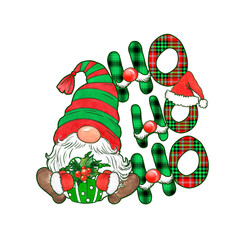 Watercolor Christmas print with cute gnome and lettering 
HO HO HO. Gnome in a red-green hat, t-shot print