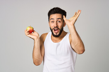 bearded man fresh fruit apples vitamins isolated background