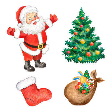 Watercolor set Santa Claus, Christmas tree, gifts, Santa's sock. Christmas Santa, picture for a Christmas card, Santa Christmas print