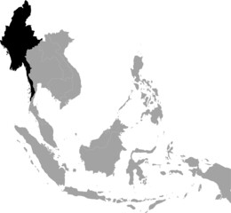 Black Map of Myanmar inside the gray map of Southeast region of Asia