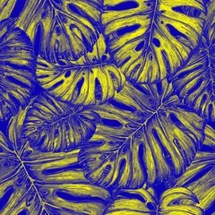 Fototapete Dunkelblau Aquarell Musterdesign mit tropischen Blättern. Wunderschöner Allover-Print mit handgezeichneten exotischen Pflanzen. Bademode botanisches Design.