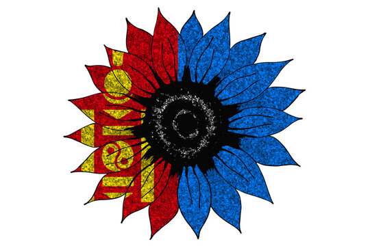 recommend clip art: Big drawn glitter sunflower in colors of national flag. Mongolia