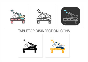 Surface disinfection icons set.Tabletop cleaning with antibacterial spray.Covid infection preventive measure.Collection of icons in linear, filled, color styles.Isolated vector illustrations