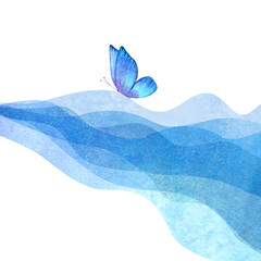 Watercolor transparent waves blue colored background with butterfly