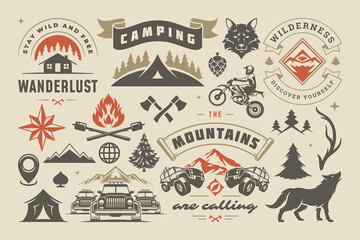 Camping and outdoor adventure design elements set, quotes and icons vector illustration