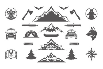 Fototapeta na wymiar Camping and outdoor adventures design elements and icons set vector illustration