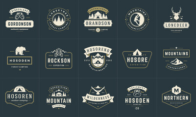 Camping logos and badges templates vector design elements and silhouettes set © provectors