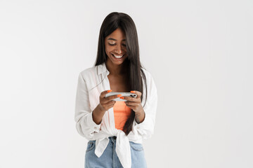 Smiling young african woman with long dark hair