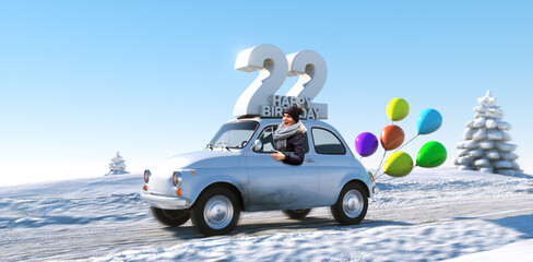 Geburtstagsauto Happy Birthday 22 im Winter