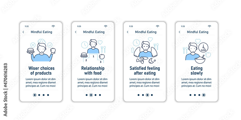 Poster mindful eating onboarding mobile app screens. conscious, intuitive nutrition steps menu. set of ui, 