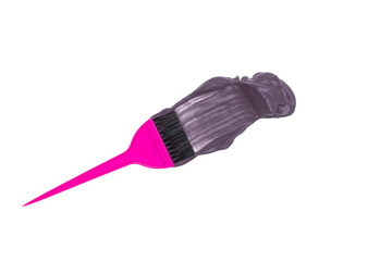 Hair dye brush with hair color foam sample on white background top view