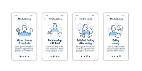 Mindful eating onboarding mobile app screens. Conscious, intuitive nutrition steps menu. Set of UI, UX, web template with RGB color linear icons