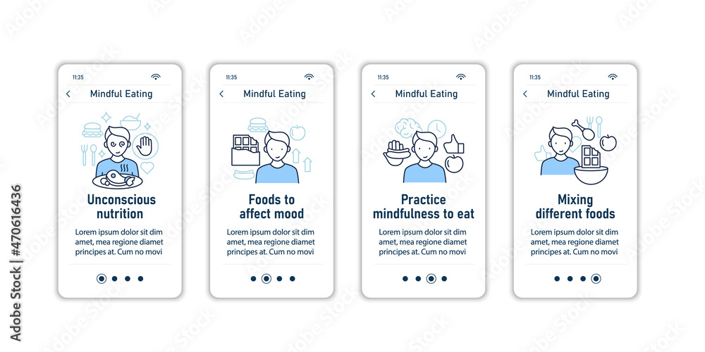 Poster mindful eating onboarding mobile app screens. conscious, intuitive nutrition steps menu. set of ui, 