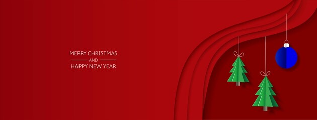 Christmas red banner with tree and tree toy. Paper cut design