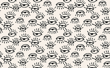 Hand drawn eye doodles seamless pattern. 