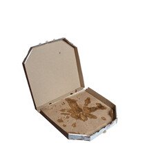unhealthy food concept. dirty pizza box isolated on white. empty cardboard pizza box. fatty food.