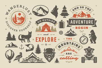 Camping and outdoor adventure design elements set, quotes and icons vector illustration