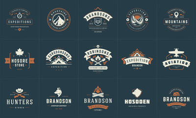 Obraz premium Camping logos and badges templates vector design elements and silhouettes set