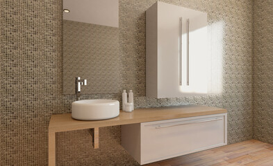 Clean and fresh bathroom with natural light. 3D rendering.