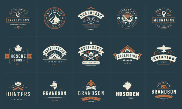 Camping logos and badges templates vector design elements and silhouettes set