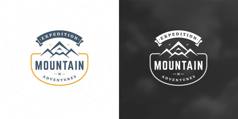 Obraz premium Mountain camping logo emblem outdoor landscape vector illustration rock hills silhouette for shirt or print stamp