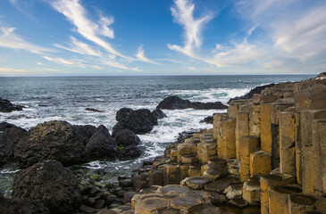 North Ireland Sea Coast Sunset,  Atrim landscapes, Giants of Causeway , North Ireland, Land of Myths and Legends Ireland, Stone pillars,
