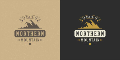 Obraz premium Mountain camping logo emblem outdoor landscape vector illustration rock hills silhouette for shirt or print stamp