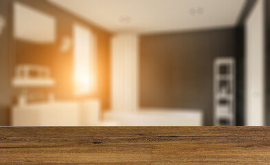 Fototapeta na wymiar Background with empty table. Flooring. Modern bathroom including bath and sink. 3D rendering.. Sunset.