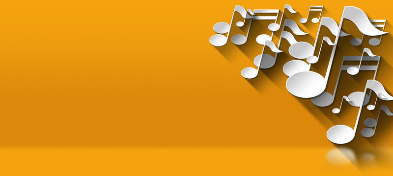 3D illustration of a group of white musical notes on orange and yellow background with shadows, reflections and copy space.