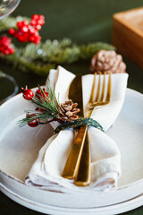 Festive table setting with winter decor. The concept of Thanksgiving or Christmas family dinner.