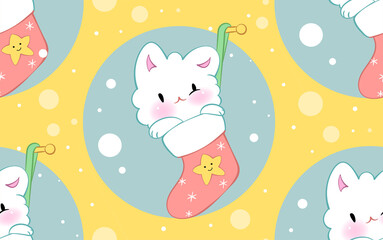 Seamless ornament with cute kittens in kawaii style. Vector pattern. Merry Christmas cats.