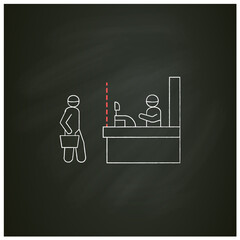 Shop social distance chalk icon.Consumer keeping safe physical distance at shop counter.Concept of safe shopping during corona virus pandemic. Isolated vector illustration on chalkboard