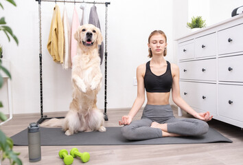 The girl practices yoga at home with her dog. A young woman and her pet are having fun doing home...