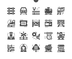Railway. Signs at railway station. Train and locomotive. Direction, way, vehicle, railroad, transport, subway and road. Vector Solid Icons. Simple Pictogram