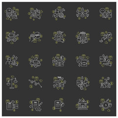 Universal basic income chalk icons set. Tax declaration, economic growth. Inequality and inflation. Global economy concept. Isolated vector illustrations on chalkboard