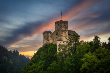 Medieval Dunajec Castle in Niedzica at sunset. Poland