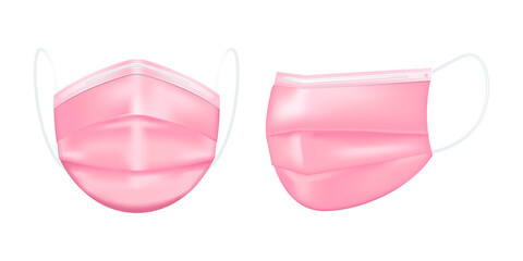 Realistic medical face mask. Details 3d medical mask. Different angles. Pink color. Vector illustration.