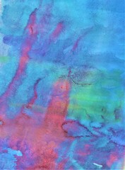 Pink and blue watercolor background. Transparent lines and spots on a white paper background. Paint leaks and ombre effects. Abstract hand-painted image