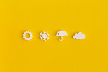 Weather icons set on yellow background. Weather forecast concept. - obrazy, fototapety, plakaty