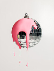 Creative party layout with shiny disco ball with leaking pink paint on bright white background....